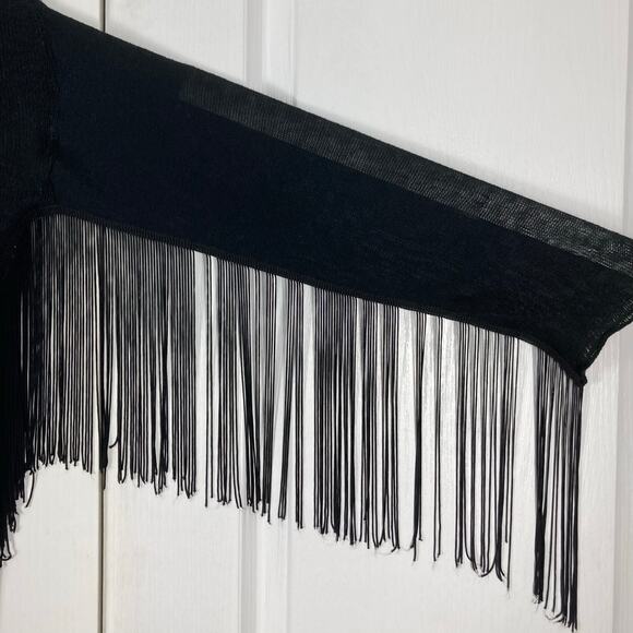 TOPSHOP Top US 8 Black Fringe/Tassels Hem&Long-Sleeve Crop Loose-Knit Cotton - Picture 4 of 11